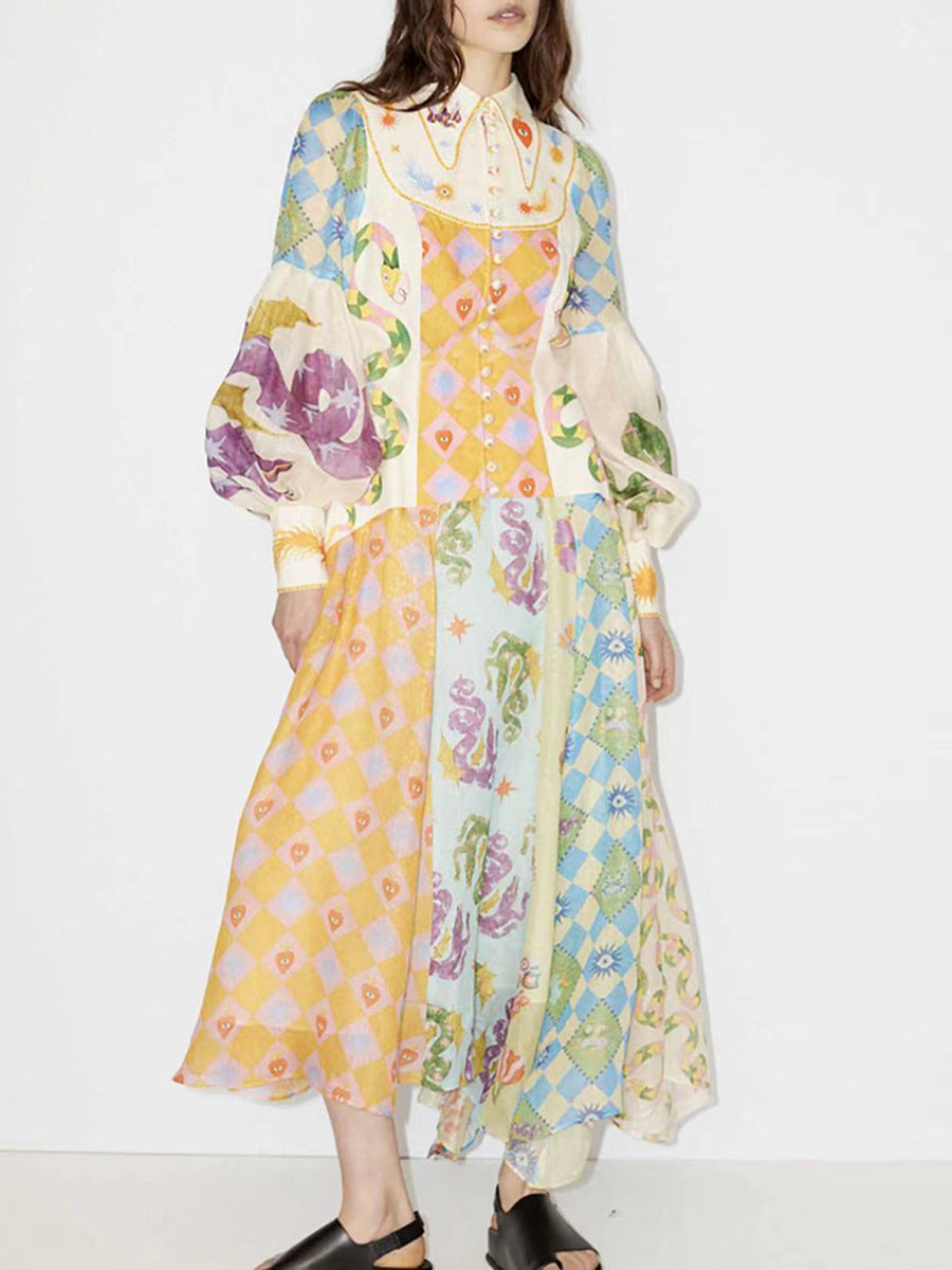 Retro Yellow Print Dress Lantern sleeve Summer