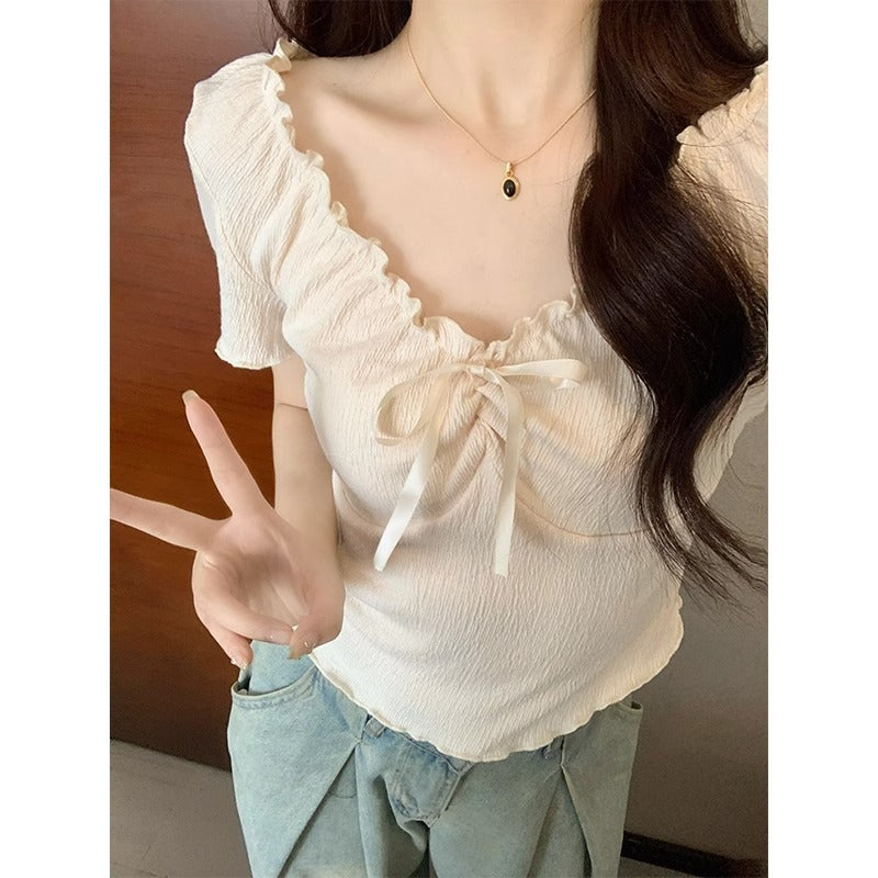 Unique Wihte V-Neck Tops Short Sleeve