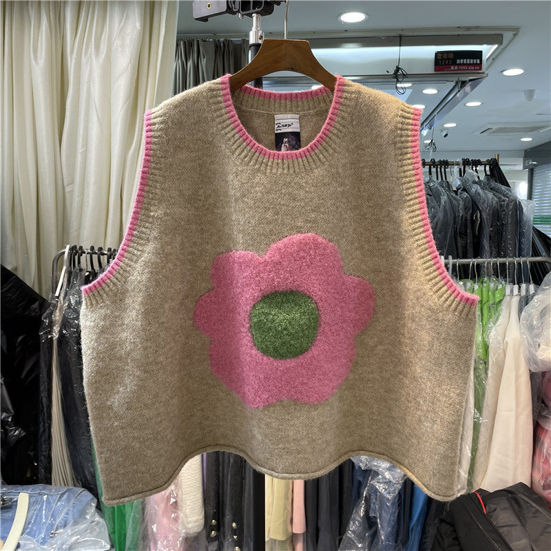 Loose Grey O Neck Floral Patchwork Knit Vest Sleeveless