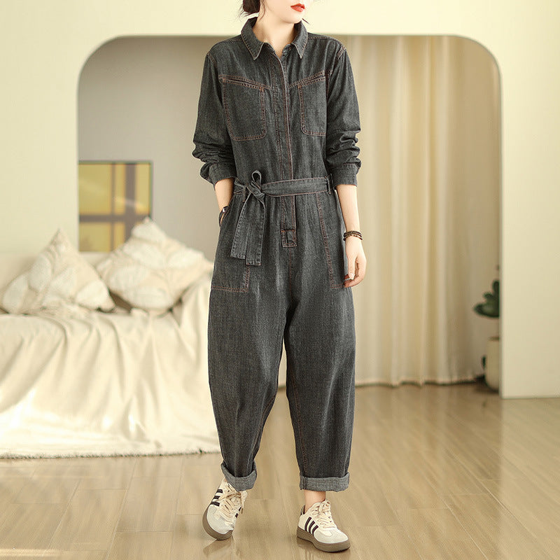 Fashionable Black Patchwork Denim Jumpsuit Spring