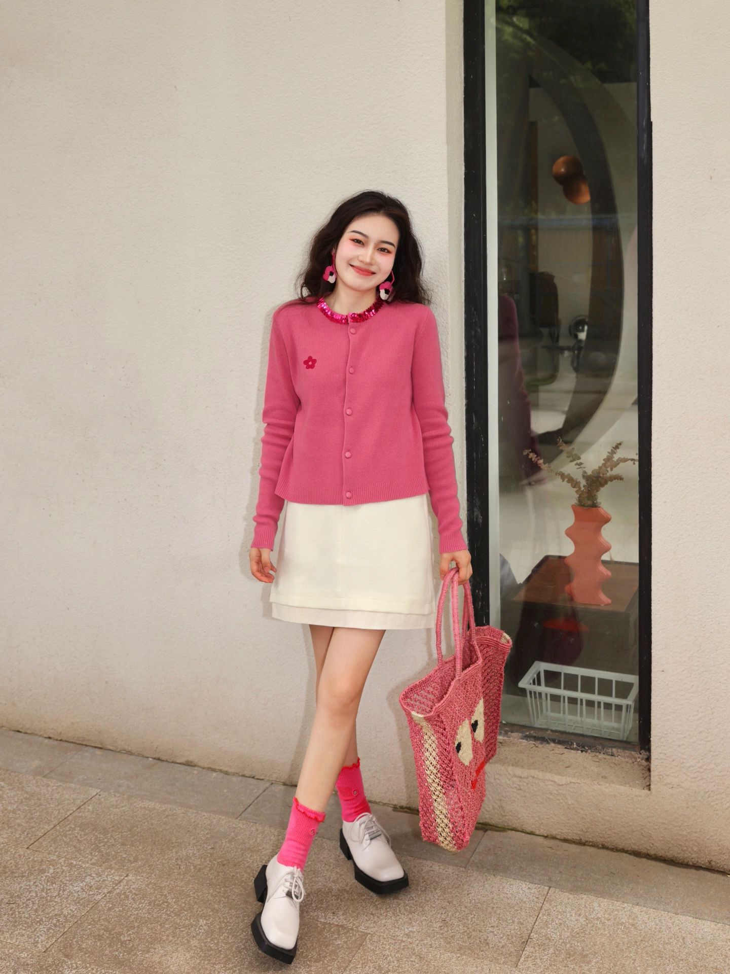 Cute Pink Embroidered Floral Sequins Cotton Knit Cardigans Fall