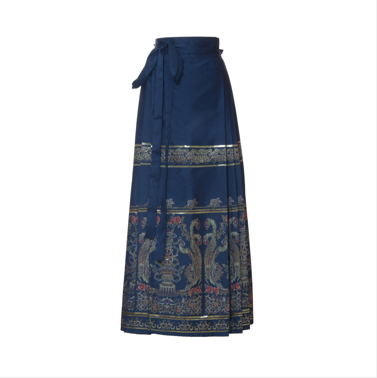 Retro Blue Chinese Lace Up Loose Print Embroidery Skirts Spring
