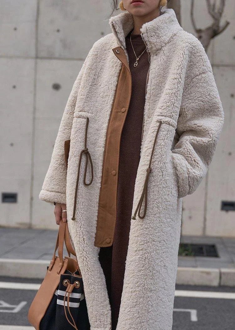 Nude Woolen Coats plus size winter coat high neck drawstring jackets