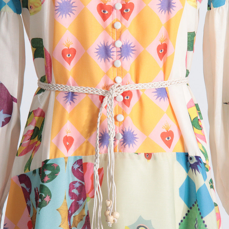 Retro Yellow Print Dress Lantern sleeve Summer