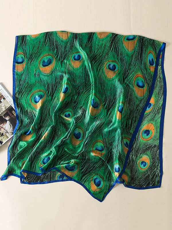Vintage Peacock Printed Silk Imitation Shawl&Scarf