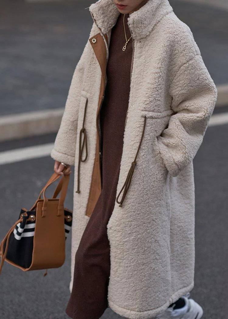 Nude Woolen Coats plus size winter coat high neck drawstring jackets