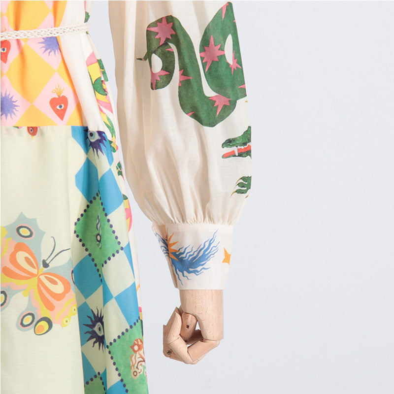 Retro Yellow Print Dress Lantern sleeve Summer