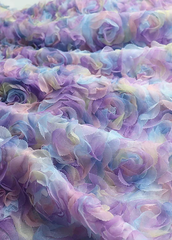 Gradient Color Purple Embroidered Floral Elastic Waist Tulle Maxi Skirt Long Sleeve