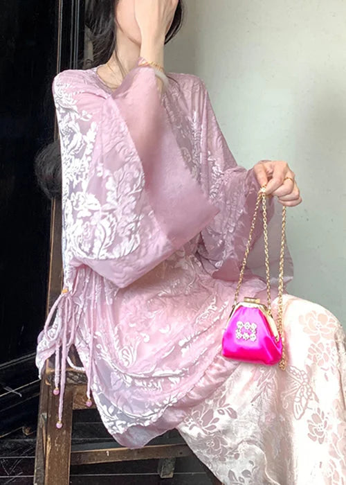 Blue Lace Up Silk Velour Shirts V Neck Batwing Sleeve