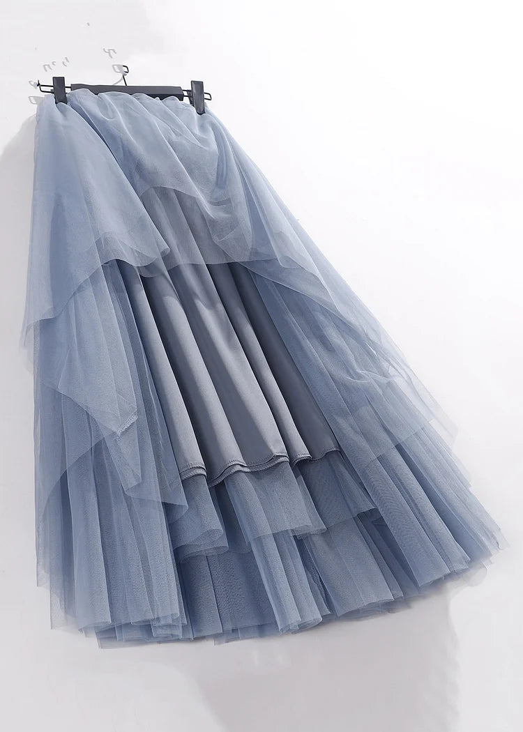 Loose Blue Solid High Waist Tulle Pleated Skirt
