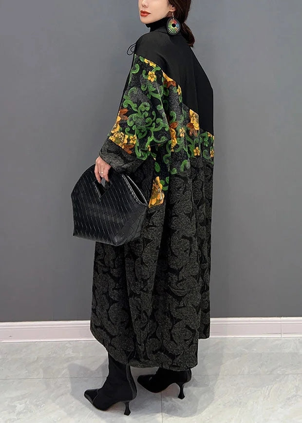 Modern Black Drawstring Oversized Patchwork Print Coats Spring