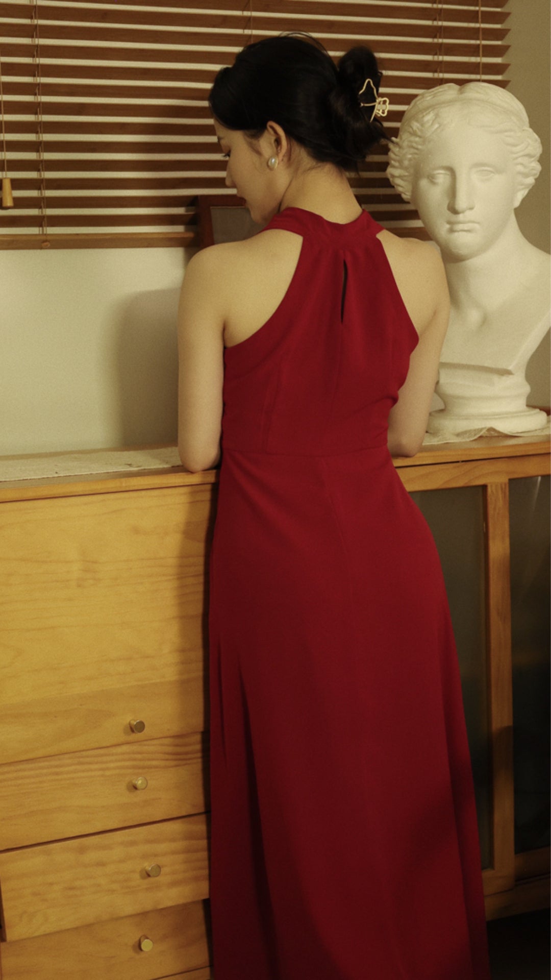 New Red V Neck Solid High Waist Cotton Dresses Sleeveless