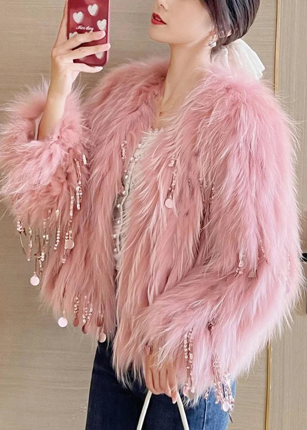 Cute Pink Sequins Tassel Mink Hair Coats Winter