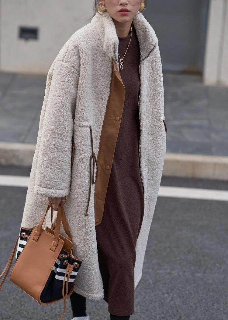 Nude Woolen Coats plus size winter coat high neck drawstring jackets