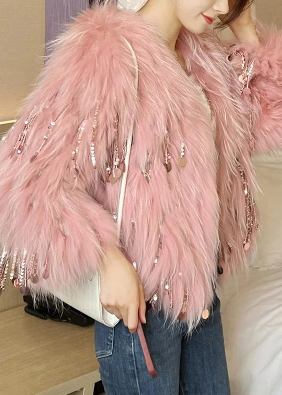 Cute Pink Sequins Tassel Mink Hair Coats Winter