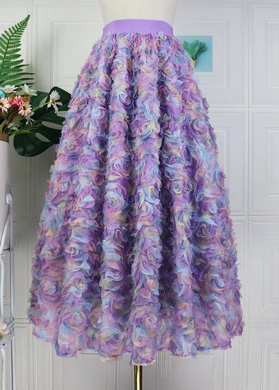 Beautiful Elastic Waist Gradient Purple Floral Tulle Maxi Skirt