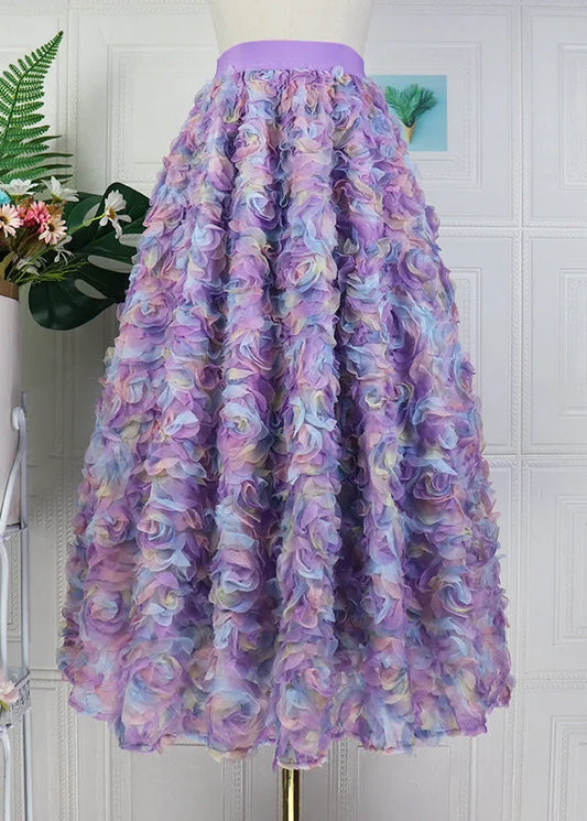 Beautiful Elastic Waist Gradient Purple Floral Tulle Maxi Skirt