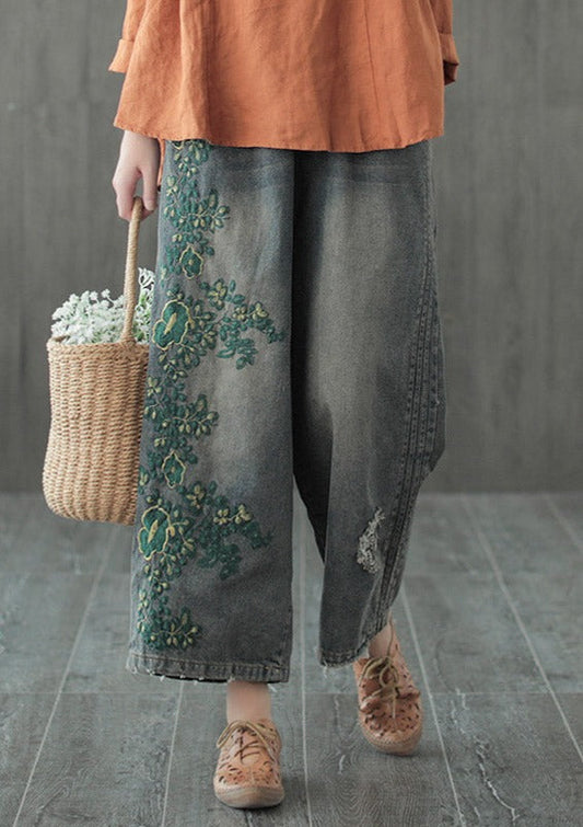 Embroidered wide-leg straight-leg Denim Pants