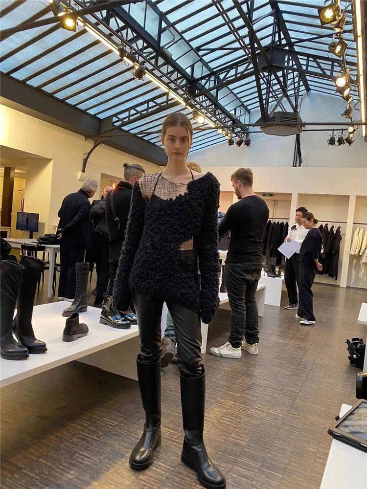 Design Beige Loose Round Neck Hollow Out Patchwork Weave Knitted Long Sleeve Sweater