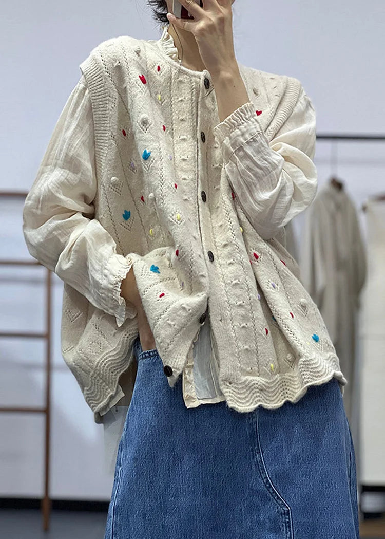 Plus Size Apricot O Neck Button Knit Vest Sleeveless