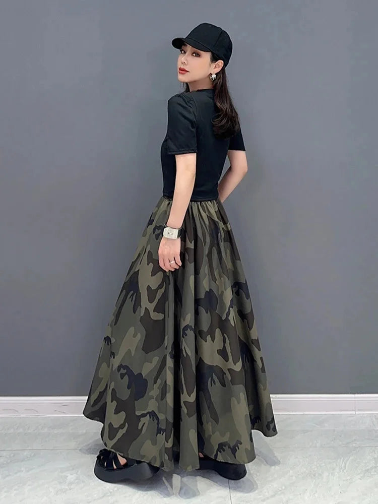 Cool Elastic Waist Camouflage A-line Skirt