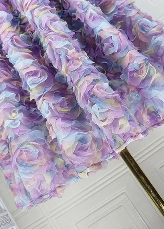Beautiful Elastic Waist Gradient Purple Floral Tulle Maxi Skirt