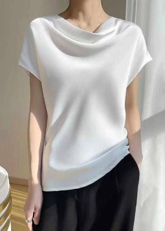 Casual Black Solid Turtle Neck Silk T Shirts Summer