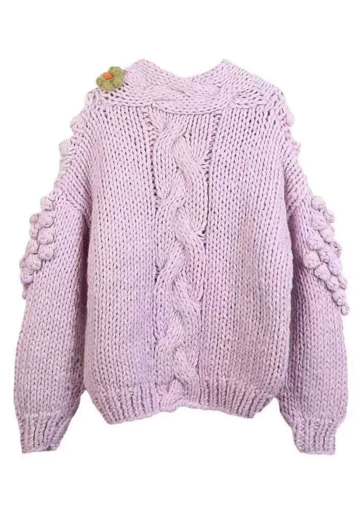 Floral Purple V Neck Button Cozy Knit Cardigans Winter