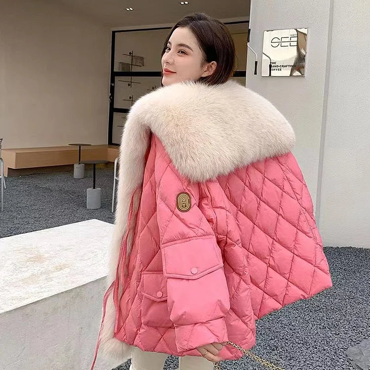 Chic Pink Fur Collar Oversized Duck Down Puffers Jackets Winter(Removable fur collar)