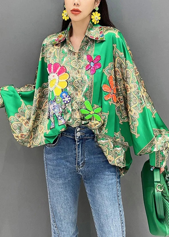 Chic Rose Nail Bead Print Patchwork Silk Shirt Batwing Sleeve