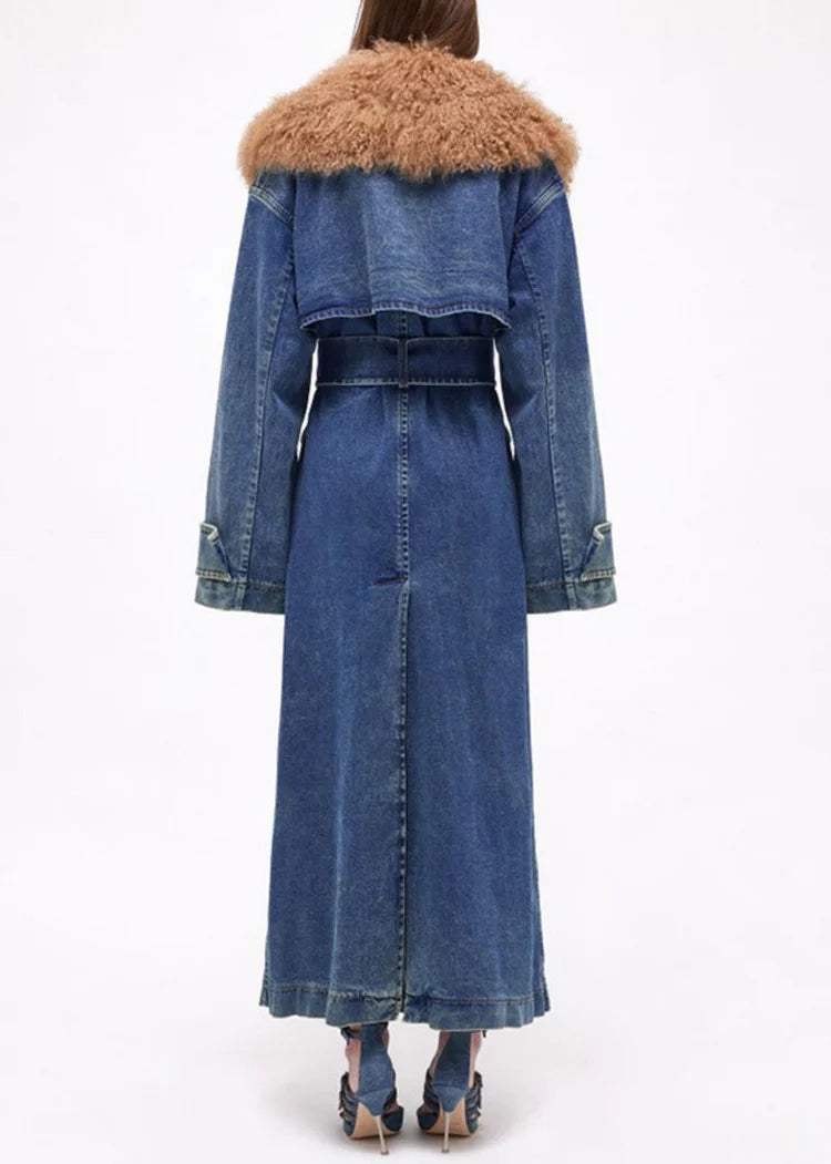 French Blue Fur Collar Tie Waist Denim Long Coats Winter