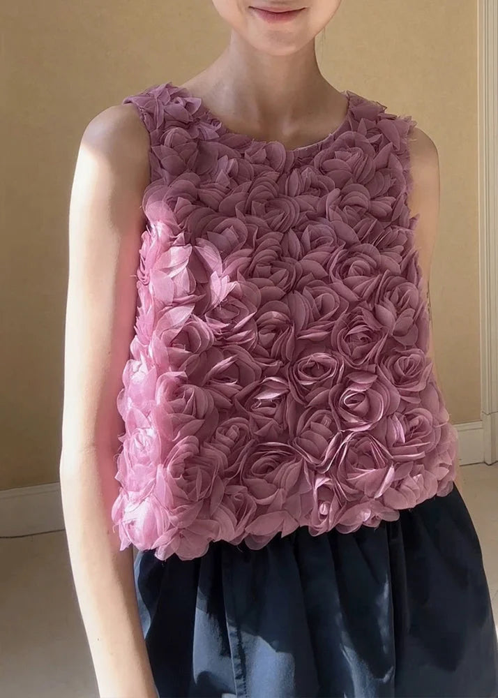 Floral Pink O-Neck Solid Tulle Tank Sleeveless