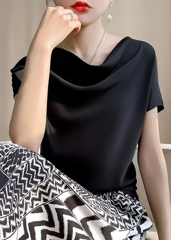 Casual Black Solid Turtle Neck Silk T Shirts Summer