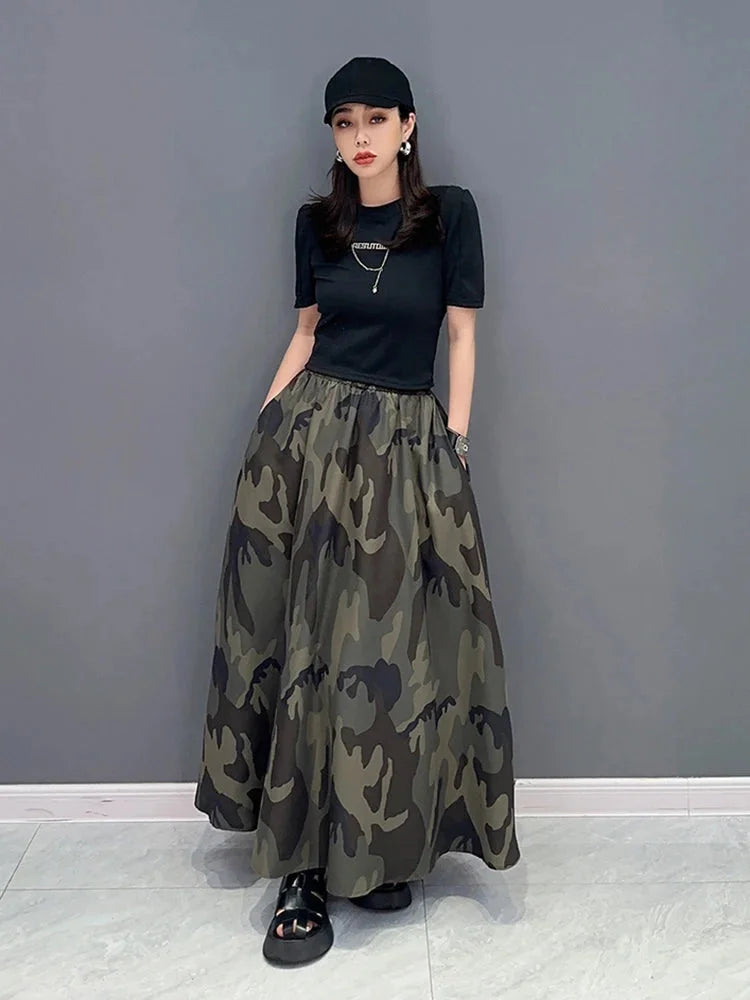 Cool Elastic Waist Camouflage A-line Skirt
