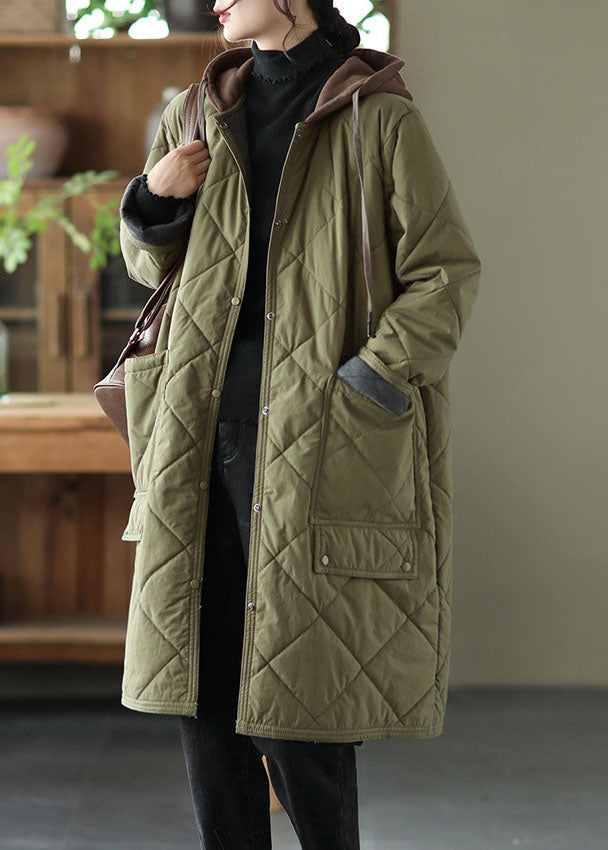 Fitted Khaki Zippered Plaid Patchwork Hooded Parka Winter