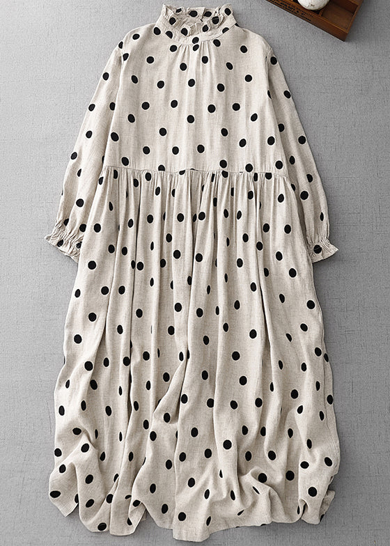 Art Ruffled Dot Button Cotton Long Dresses Spring