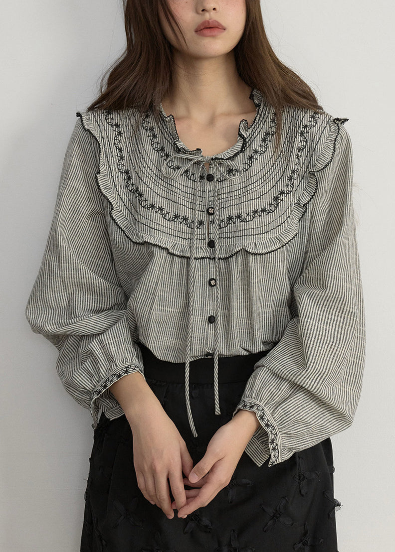 Art Striped Embroidered Lace Up Cotton Blouses Spring