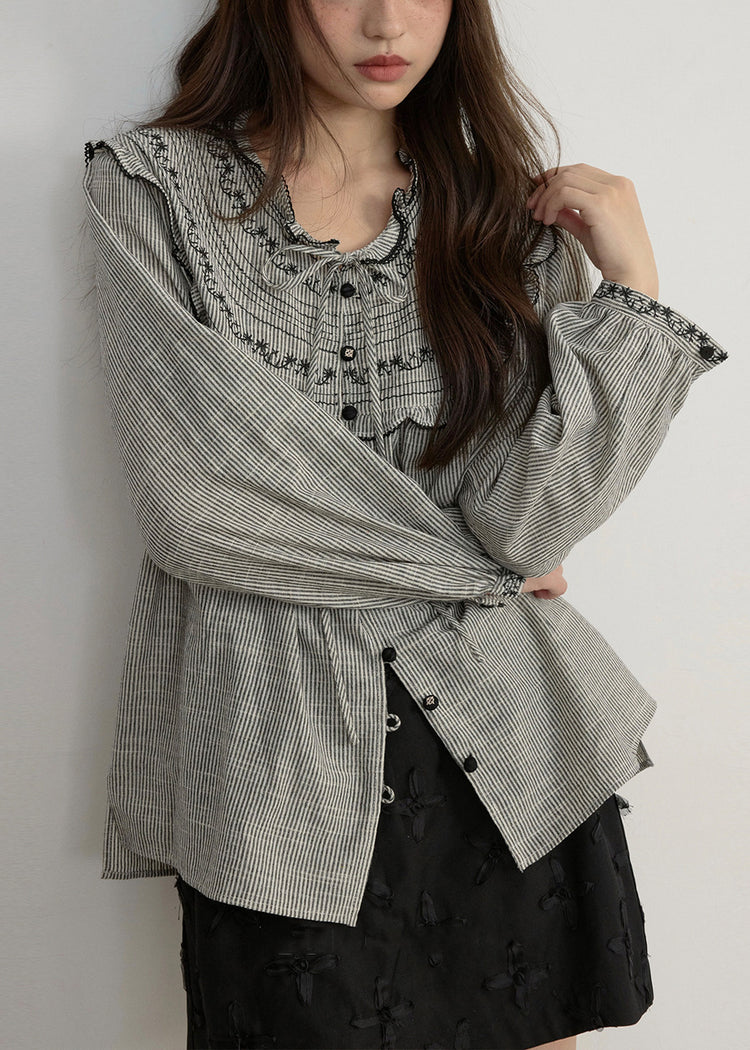 Art Striped Embroidered Lace Up Cotton Blouses Spring