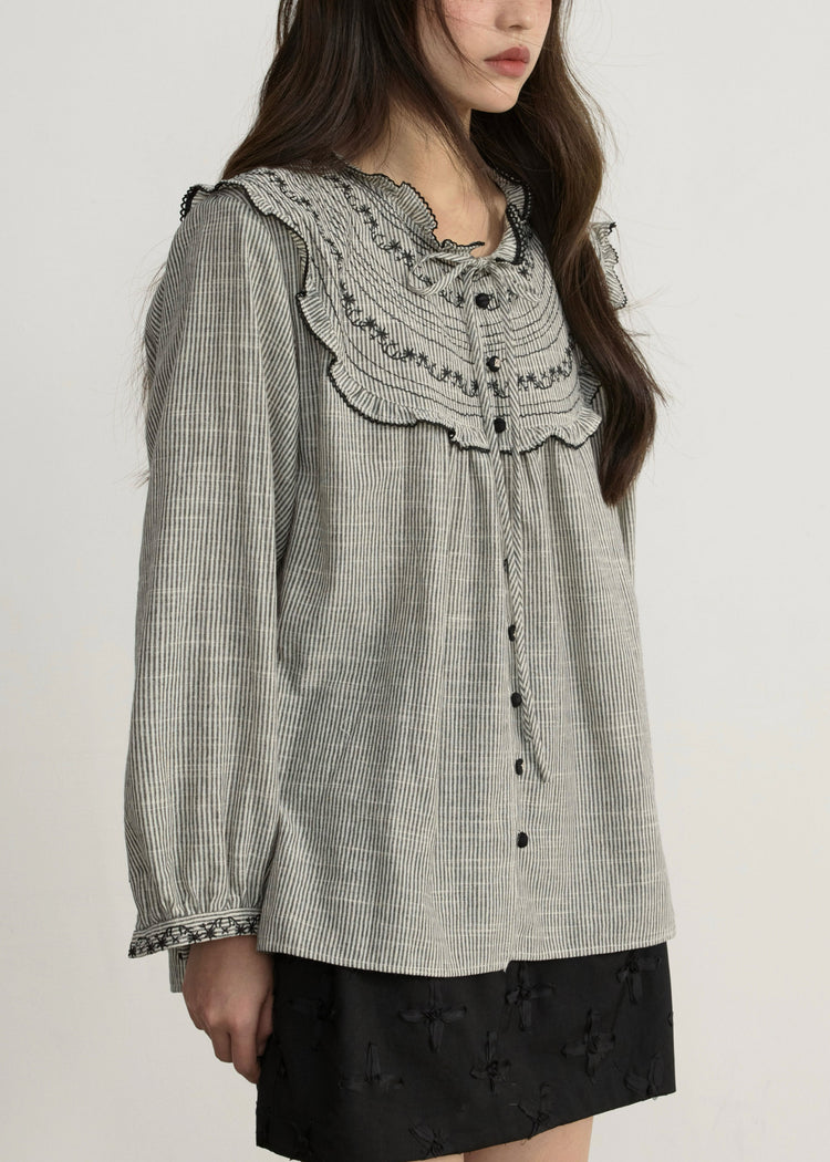Art Striped Embroidered Lace Up Cotton Blouses Spring