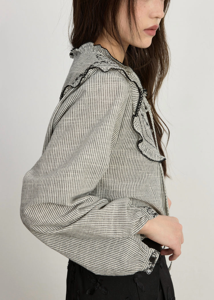 Art Striped Embroidered Lace Up Cotton Blouses Spring