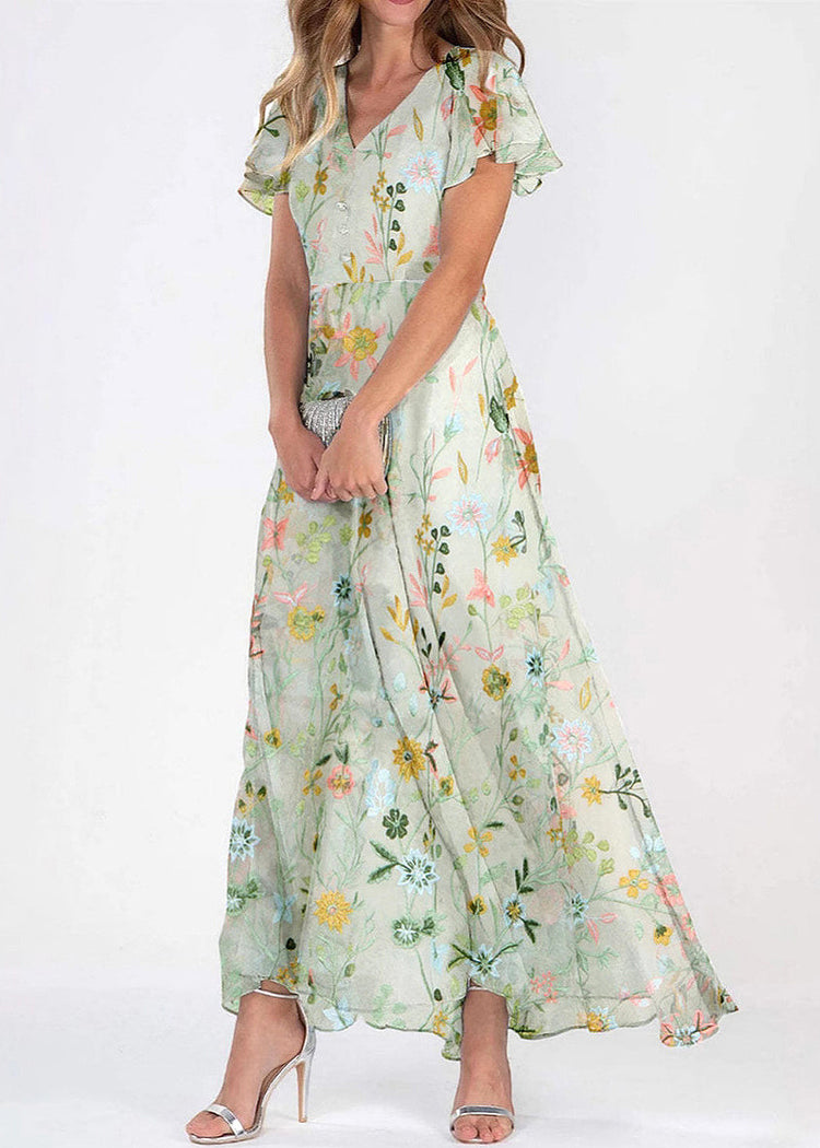 Beautiful Green V Neck Print Chiffon Long Dresses Summer