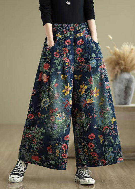 Beautiful Navy Oversized Print Denim Wide Leg Pants Summer