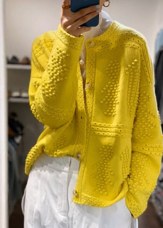 Beautiful Yellow O Neck Button Knit Sweaters Coat Fall