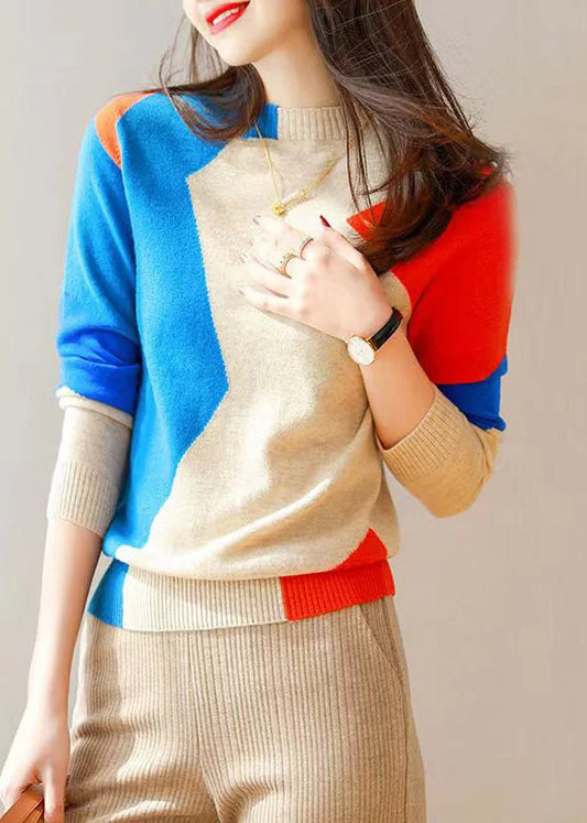 Beautiful Blue Orange Patchwork Woolen Knit Sweaters Top Fall