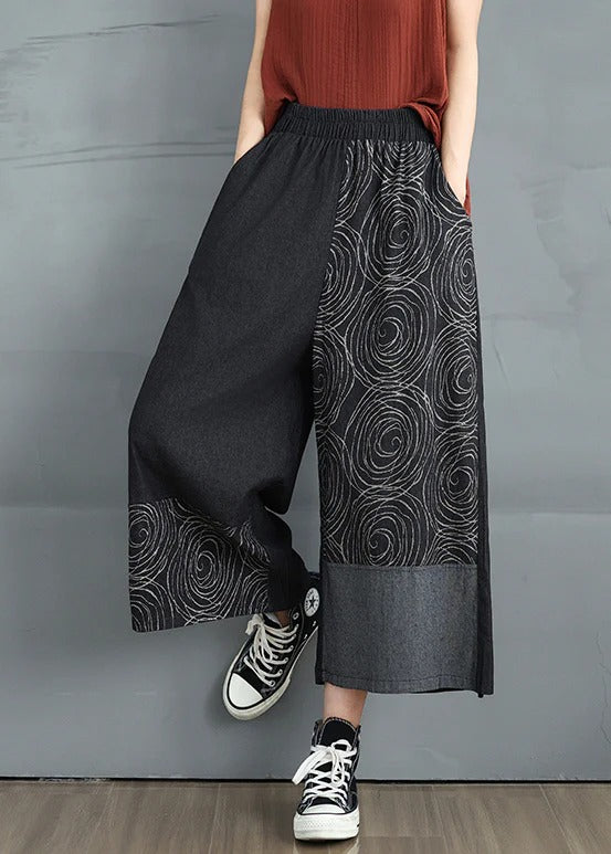 Bohemian Navy Asymmetrical Print Denim Pants Summer