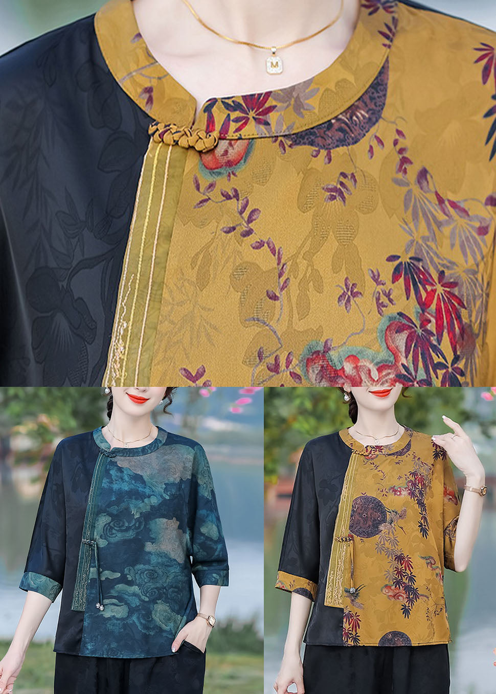 Summer Blue O-Neck Fringed Patchwork Silk T-Shirt Top