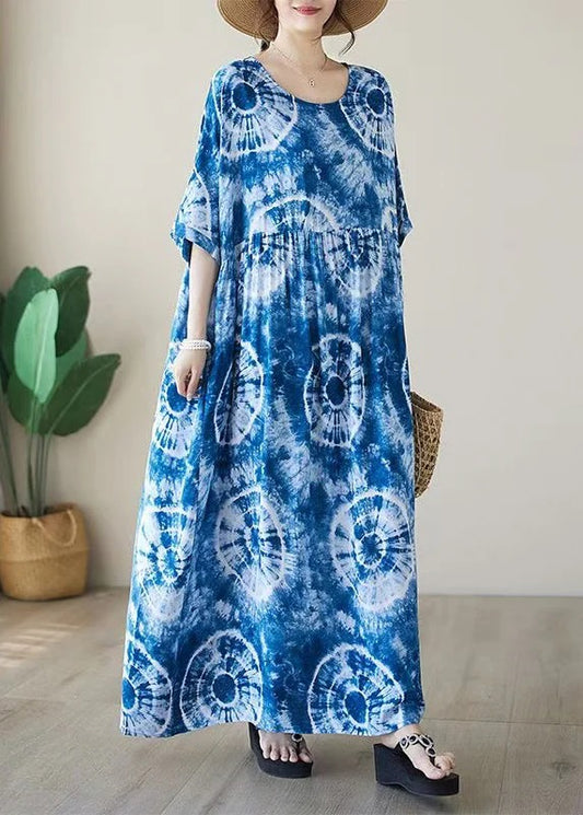 Blue Tie Dye Cotton Vacation Dresses Oversized Summer
