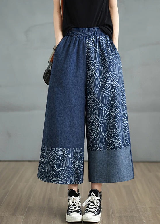 Bohemian Navy Asymmetrical Print Denim Pants Summer