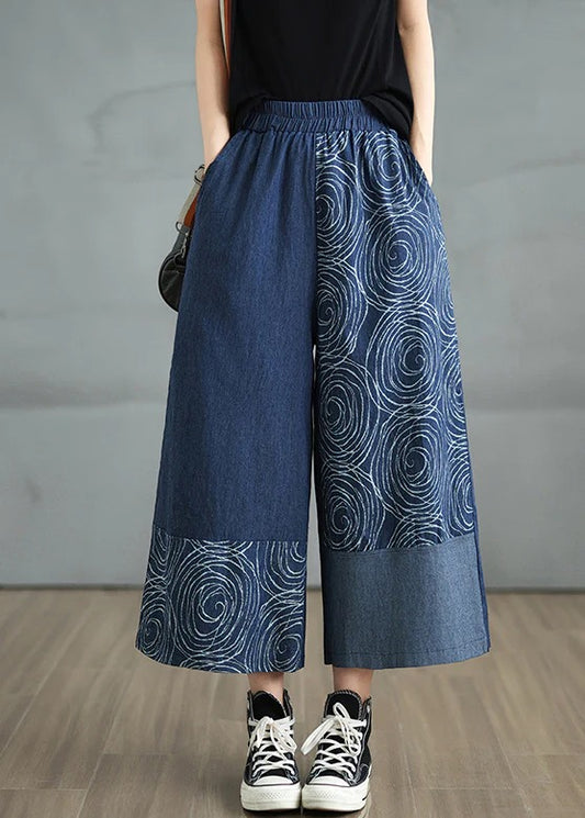 Bohemian Navy Asymmetrical Print Denim Pants Summer