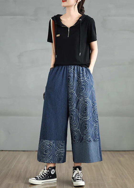 Bohemian Navy Asymmetrical Print Denim Pants Summer
